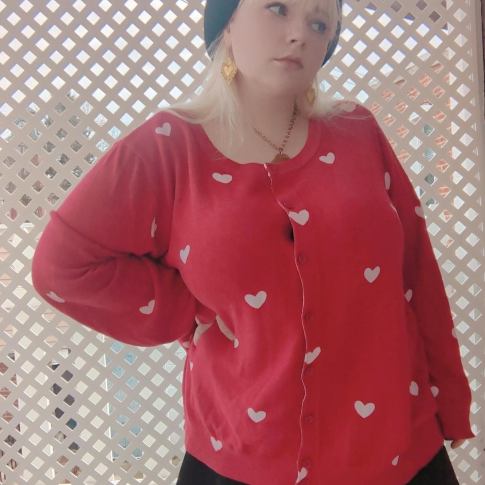 Woman Within Red & White Classic Heart Perfect Long-Sleeve Cardigan